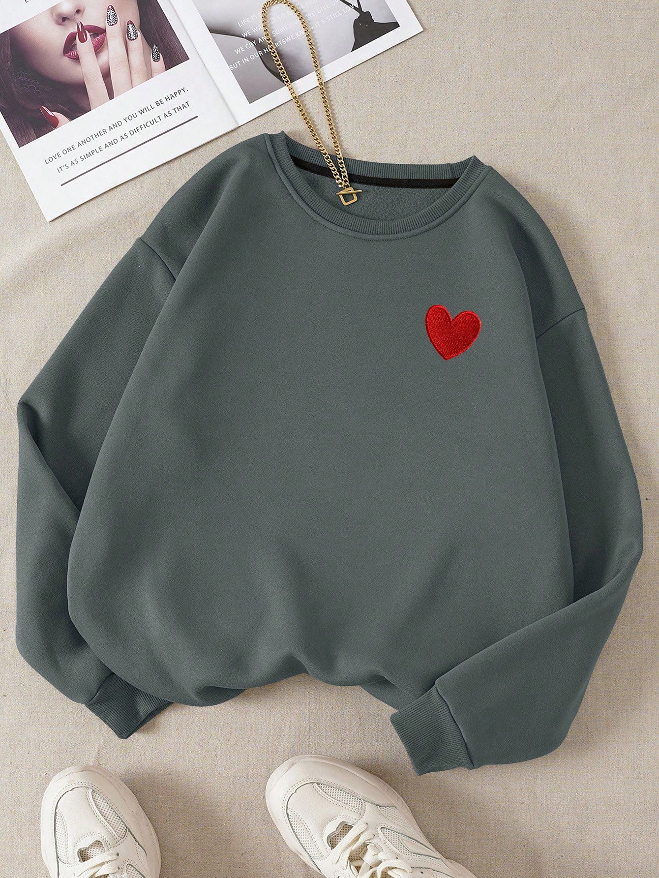 EZwear Heart Print Thermal Lined Sweatshirt,Long Sleeve Tops