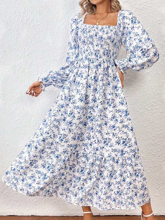 Clasi Floral Print Square Neck Lantern Sleeve Dress