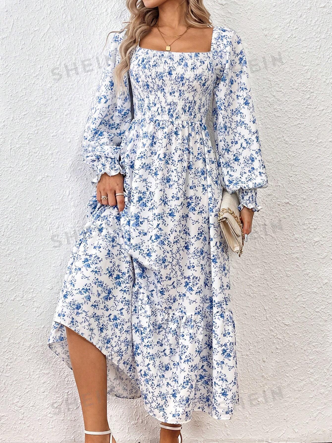 Clasi Floral Print Square Neck Lantern Sleeve Dress