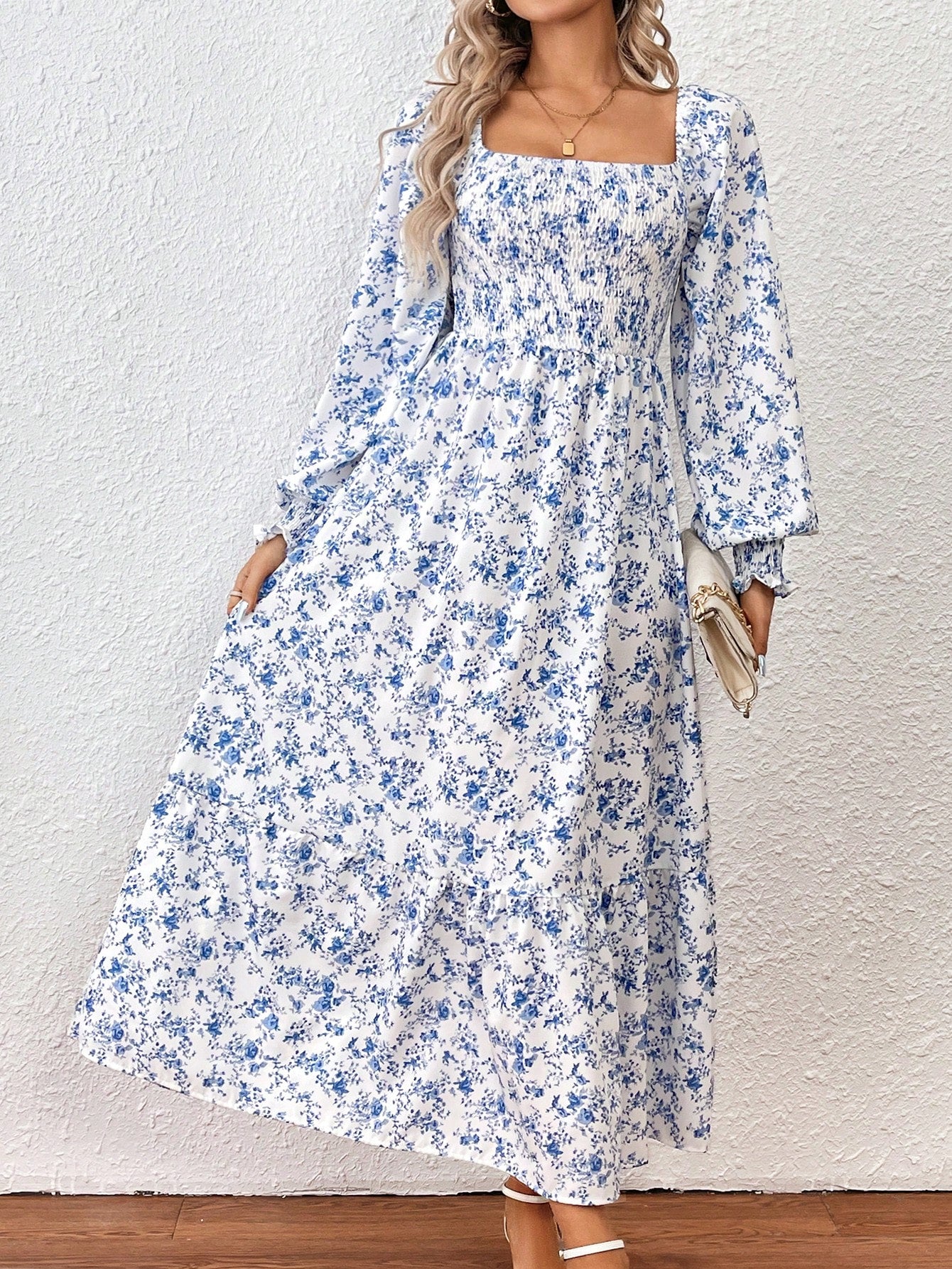 Clasi Floral Print Square Neck Lantern Sleeve Dress