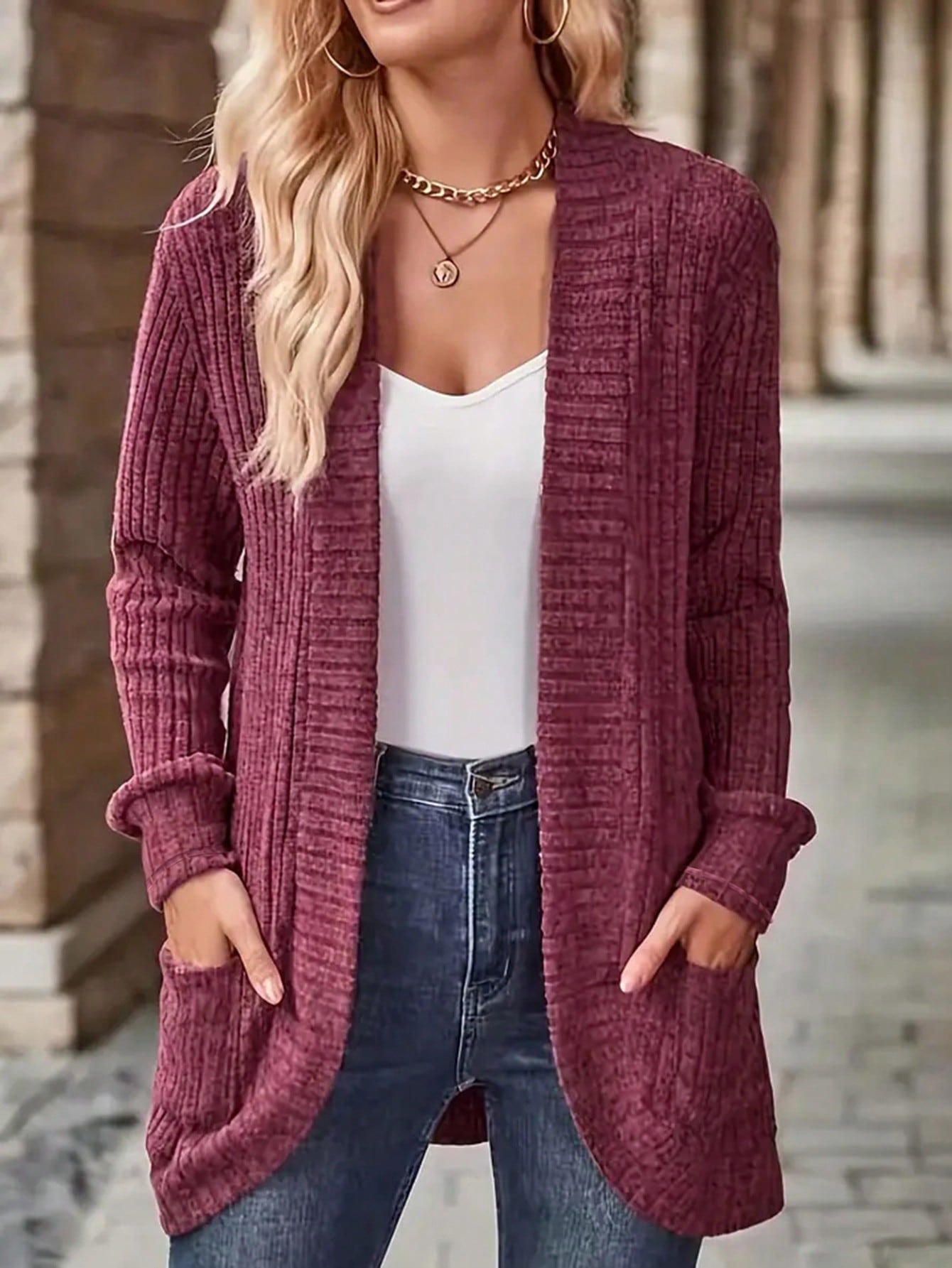 EMERY ROSE Women's Casual Knitted Ribbed Thin Jacket For Autumn