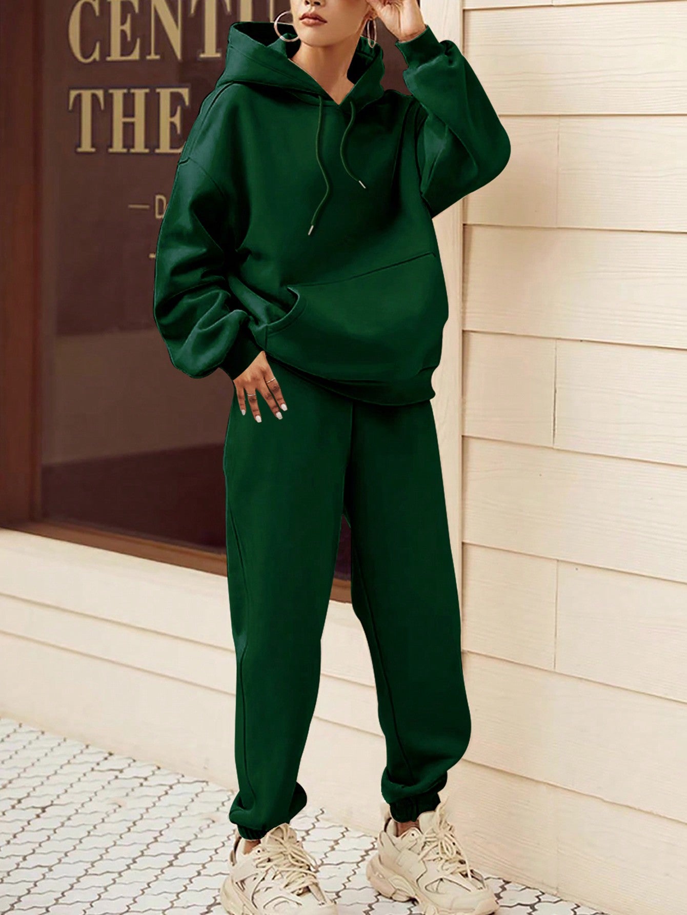 INAWLY Women's Hooded Drawstring Sweatshirt And Sweatpants Set