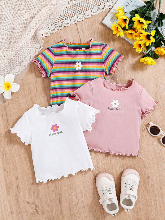 Young Girl Knitted Solid Color Round Neck Flower And Letter Pattern Casual Short T-Shirt