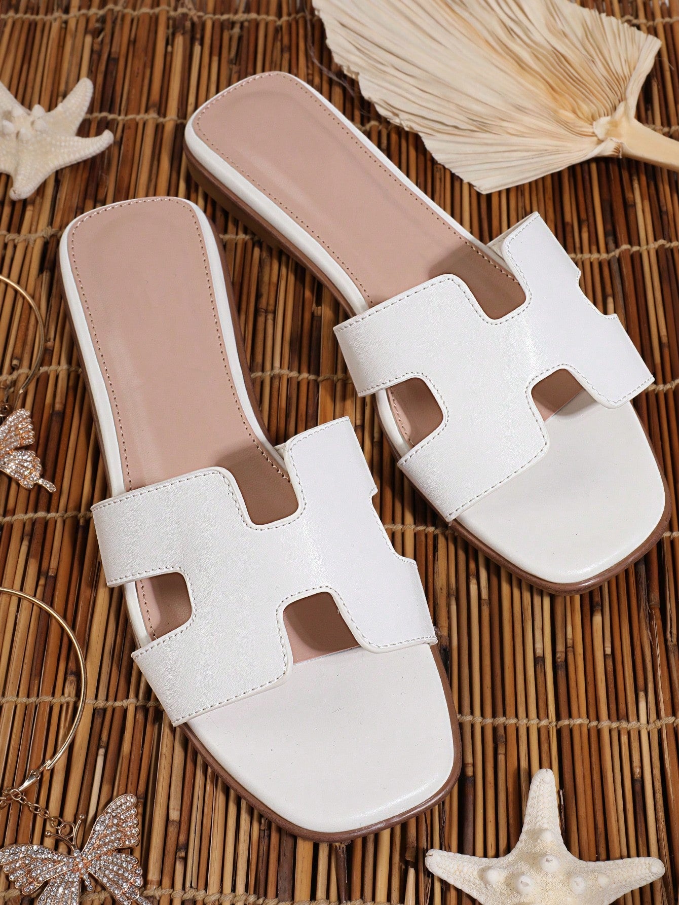 SHEIN SHUZIA Women's Luxe-Inspired Harness Cutout Open Toe Minimalist PU White Slides New Year Holiday