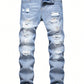 Men Ripped Frayed Bleach Wash Jeans