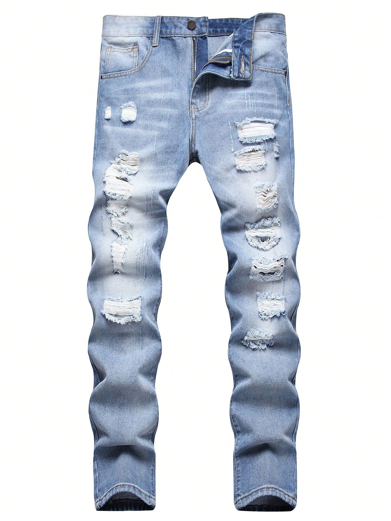 Men Ripped Frayed Bleach Wash Jeans