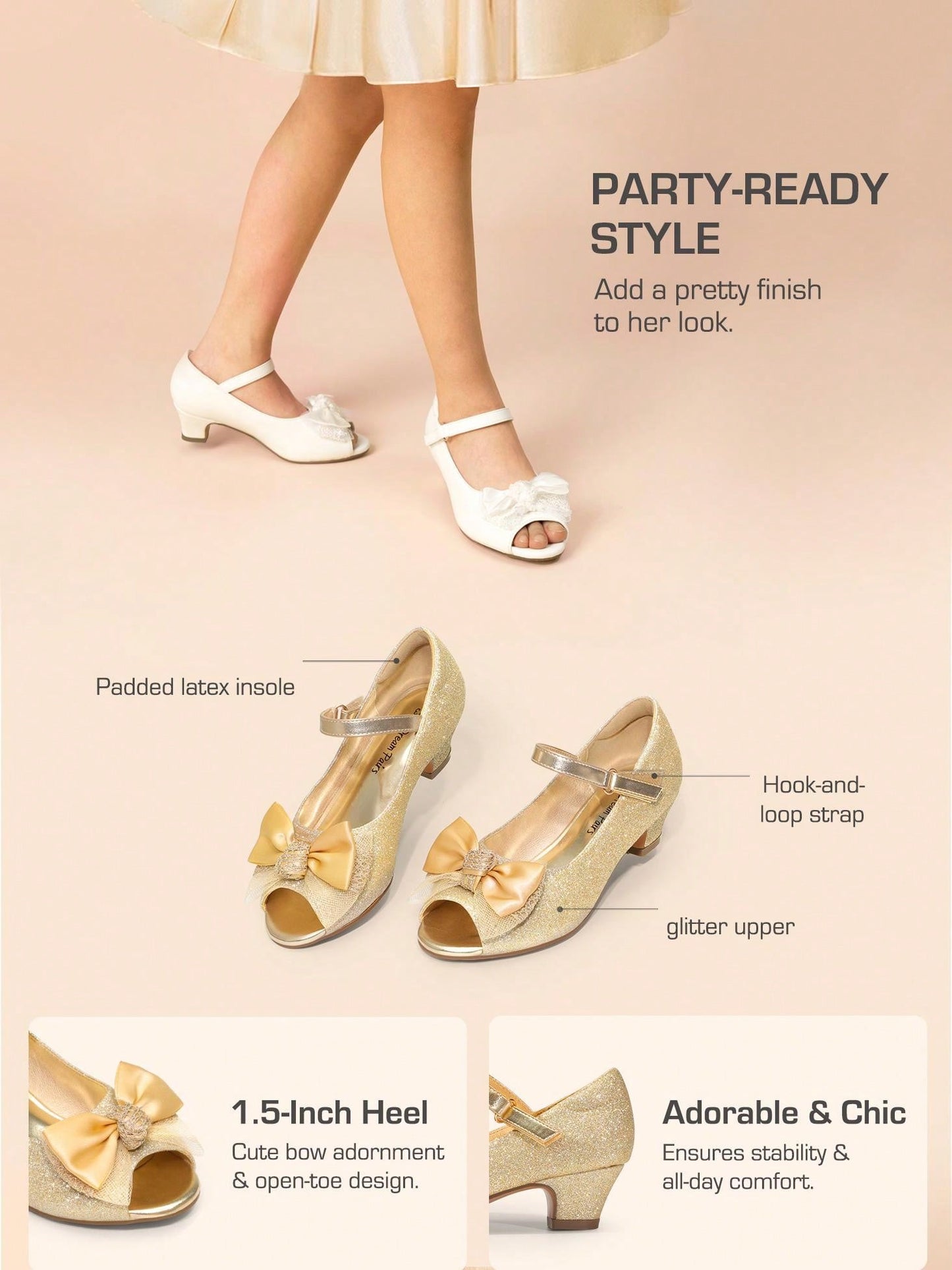 Girls Heels Dress Shoes Party Wedding Bow Flower Girl Flats Princess Open Toe Sandals For Little Kid/Big Kid