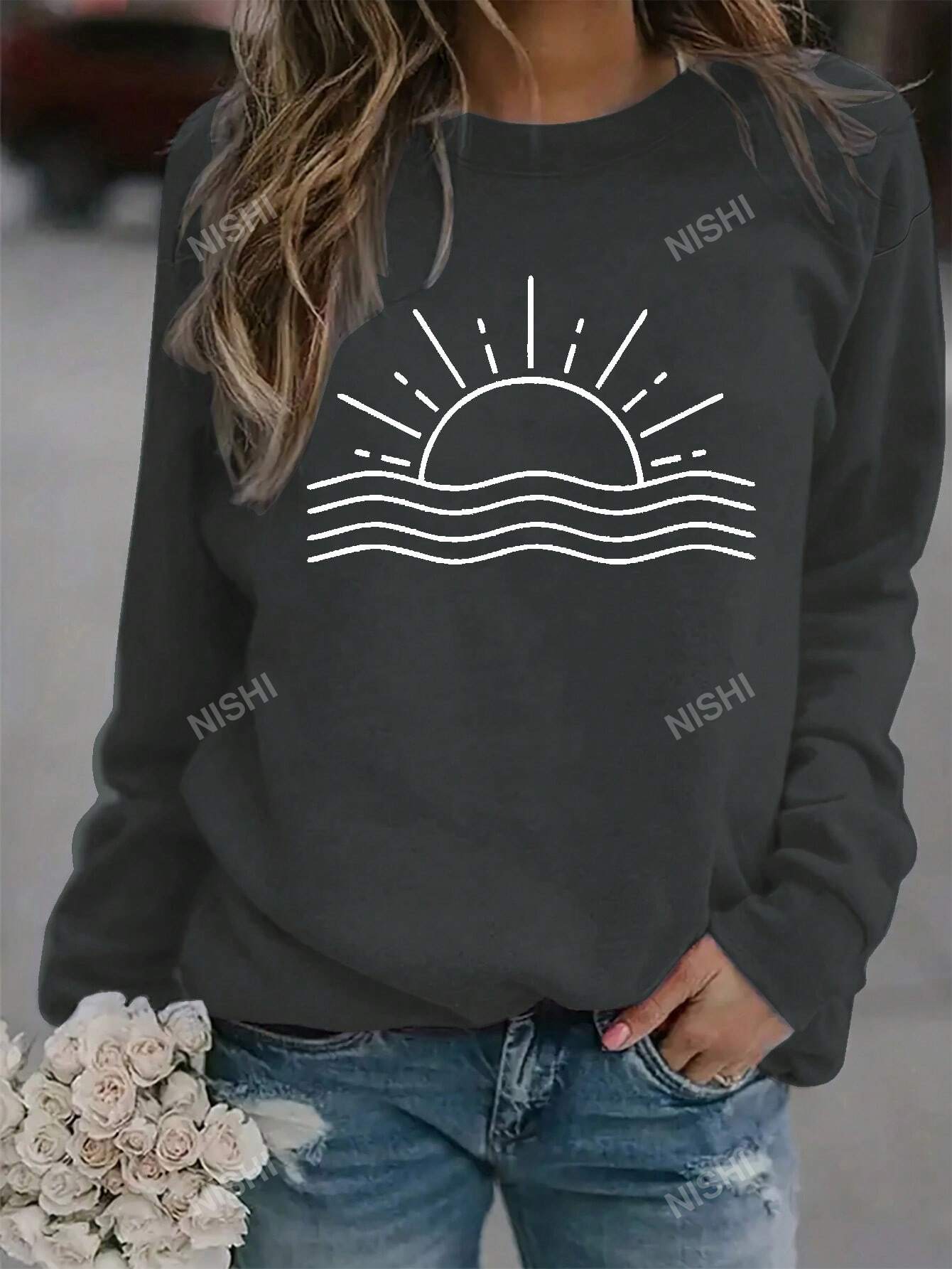 Sun Pattern Crew Neck Casual Sweatshirt,Long Sleeve Tops