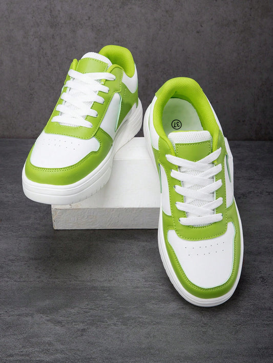 Apple Green Classic Lace-Up Round Toe Thick Sole Casual Skateboard Sneakers, Fashionable Lightweight Breathable Student Shoes, Suitable For Daily Wear, Campus, Dating, Party, Holiday Gift