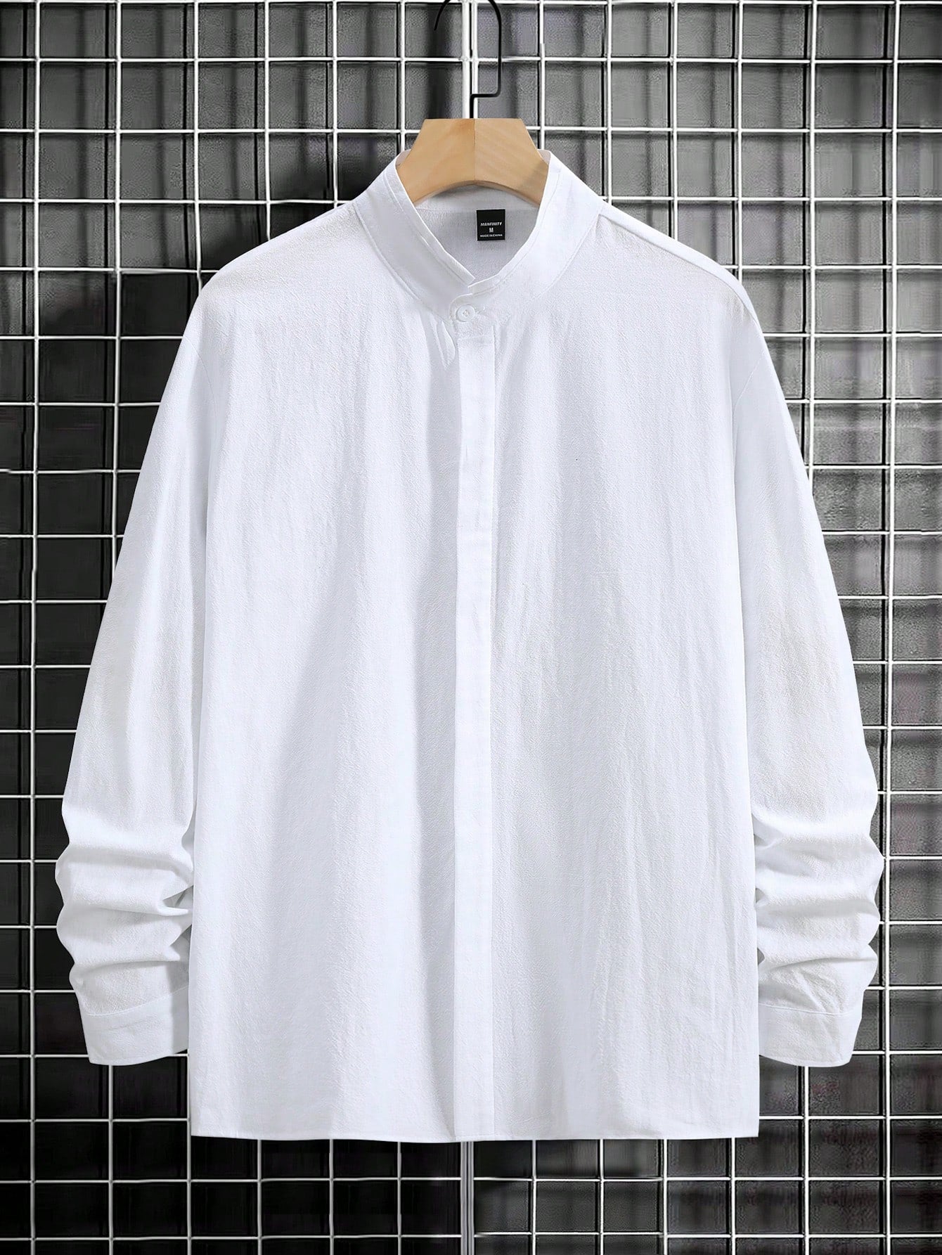 Manfinity Homme Men's Stand Collar Long Sleeve Shirt , Button Up Cotton Plain All White Casual