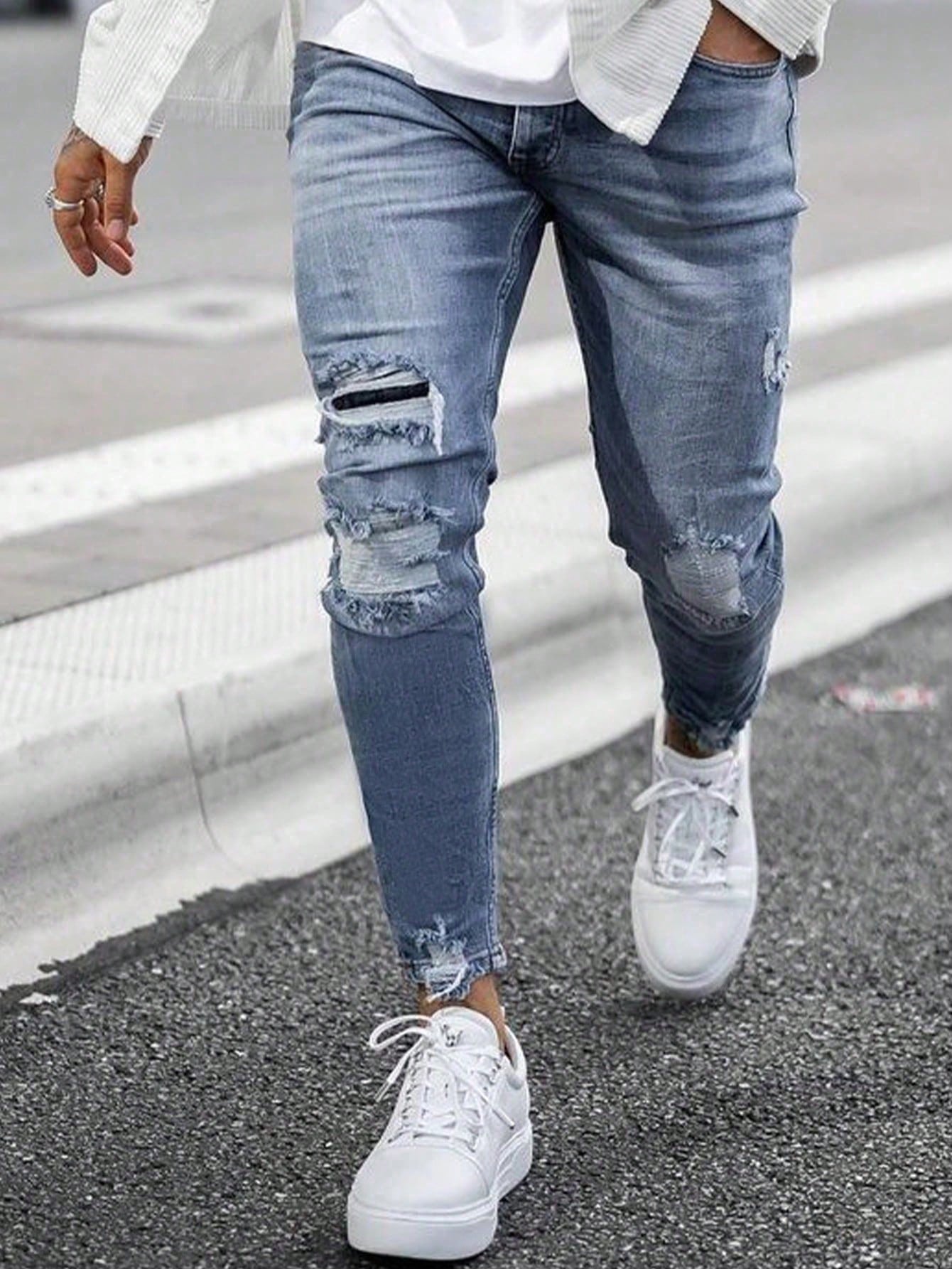 Men Ripped Frayed Bleach Wash Skinny Jeans