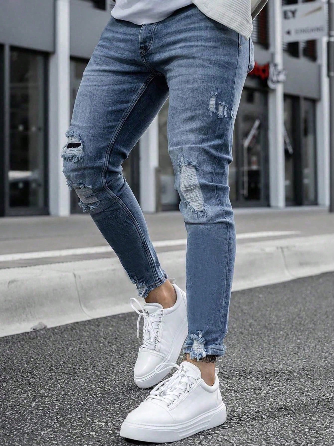 Men Ripped Frayed Bleach Wash Skinny Jeans