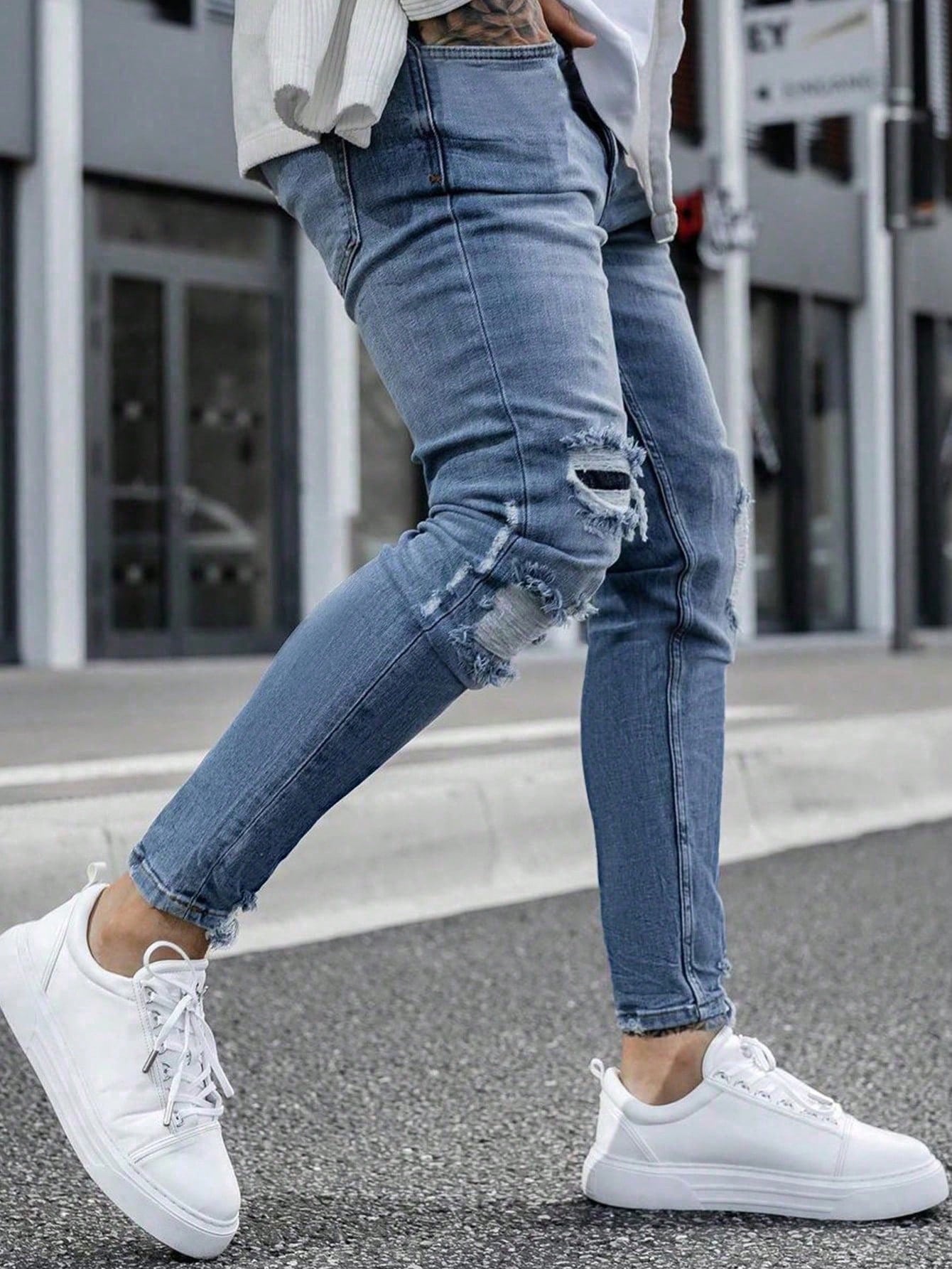 Men Ripped Frayed Bleach Wash Skinny Jeans