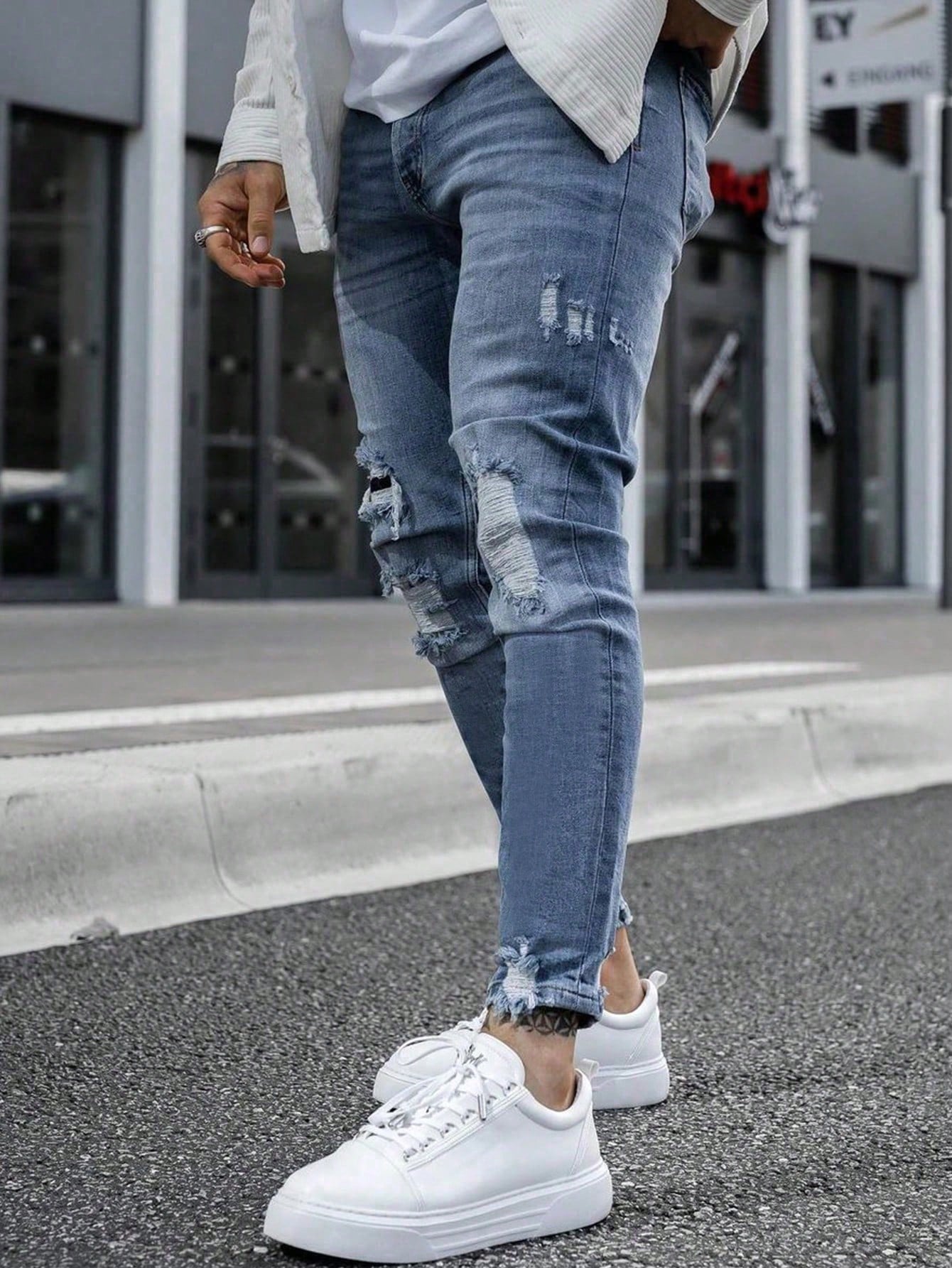 Men Ripped Frayed Bleach Wash Skinny Jeans