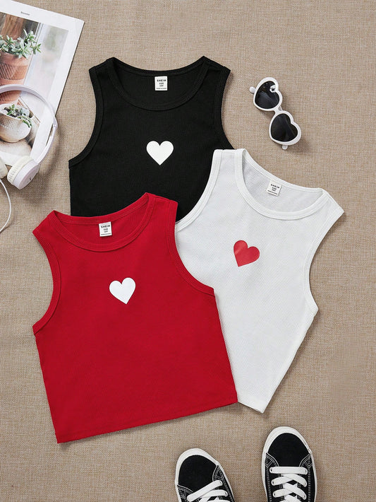 3pcs Tween Girls' Cute Ribbed Knit Heart Patterned Casual Tank Tops