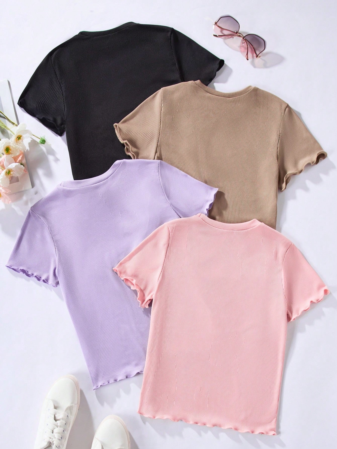 4pcs/Set Solid Color Round Neck Short Sleeve T-Shirt For Tween Girls