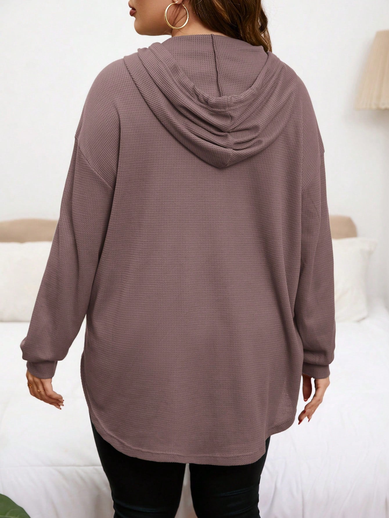 Privé Plus Size Solid Color Hooded Drawstring Asymmetrical Hem Sweatshirt