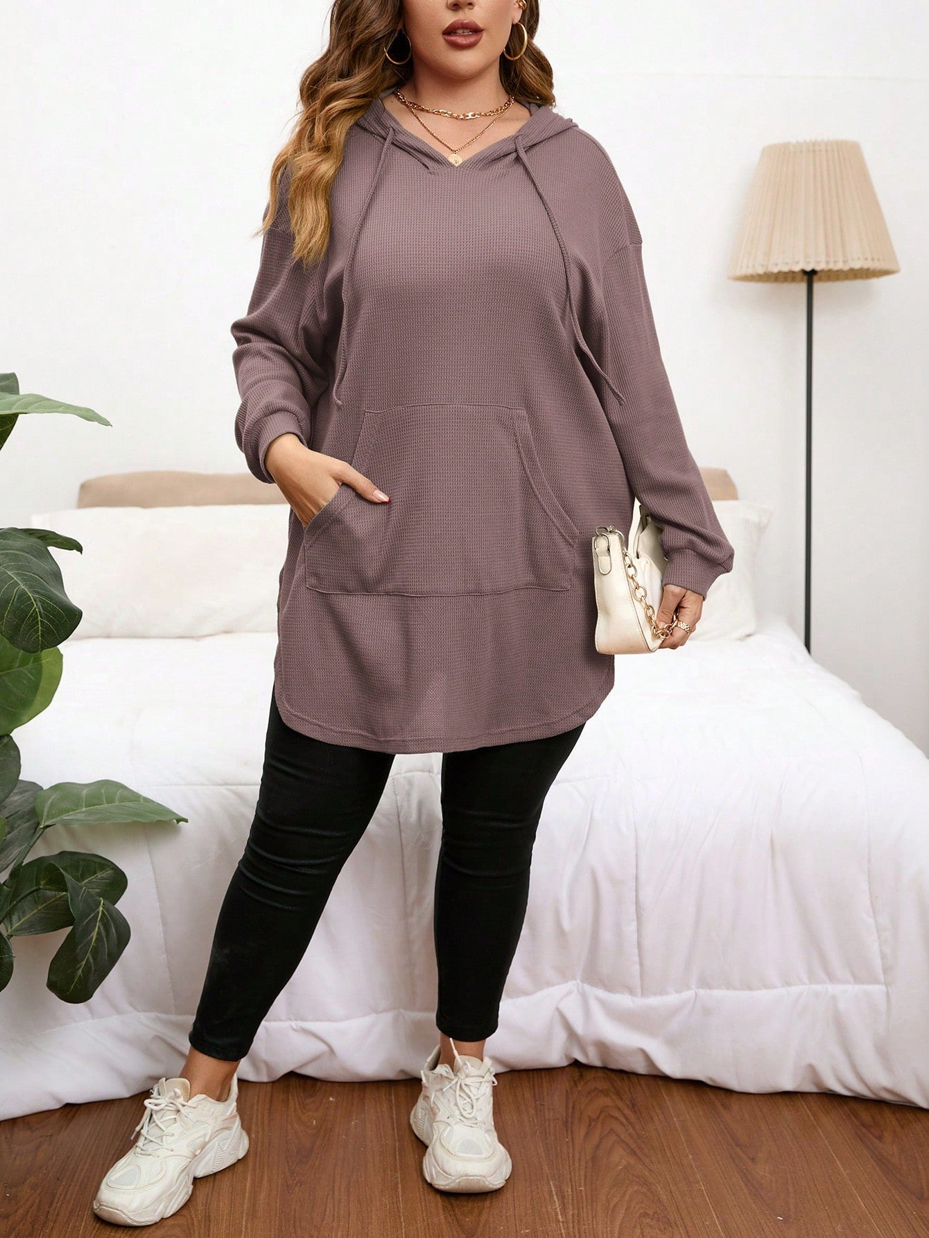 Privé Plus Size Solid Color Hooded Drawstring Asymmetrical Hem Sweatshirt