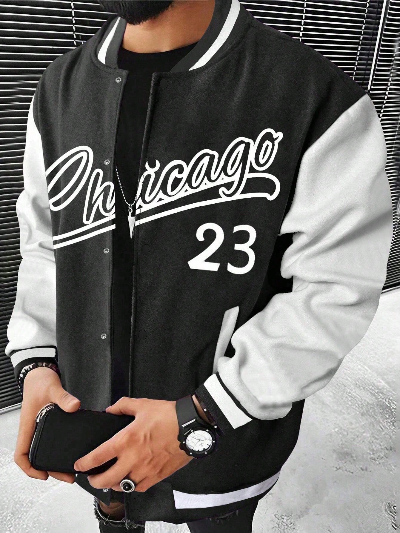 Manfinity Men's Letter Print Color-block Baseball Jacket