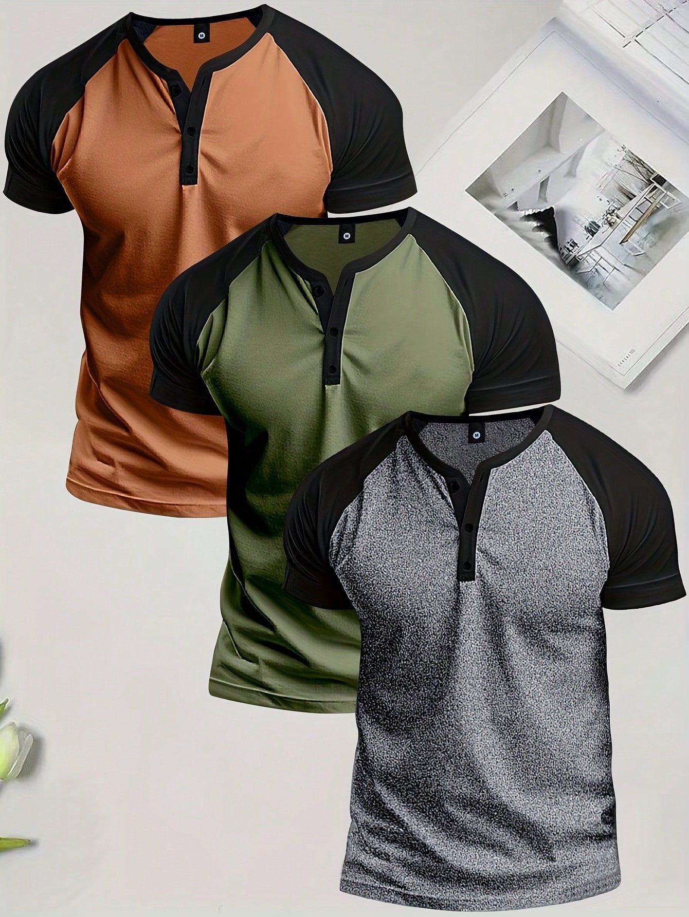 3pcs/Set Men's Summer Fashion Brand Printed Color Blocking Raglan Short Sleeve T-Shirt