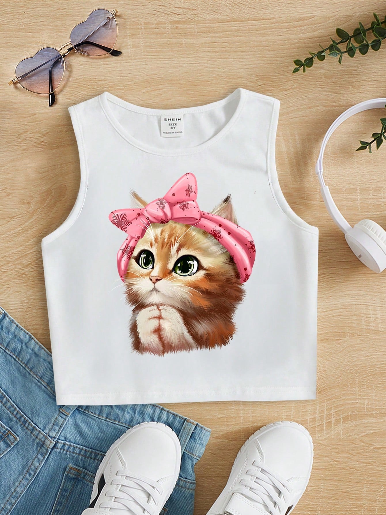 Tween Girls' Simple Cartoon Cat Pattern Tank Top, Casual Summer Wear