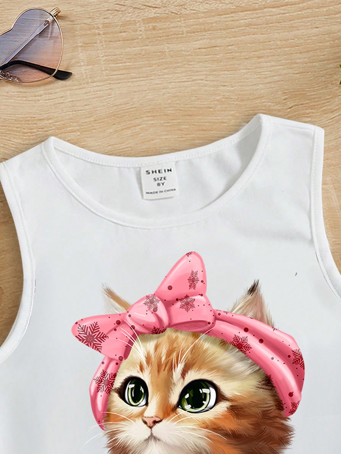 Tween Girls' Simple Cartoon Cat Pattern Tank Top, Casual Summer Wear