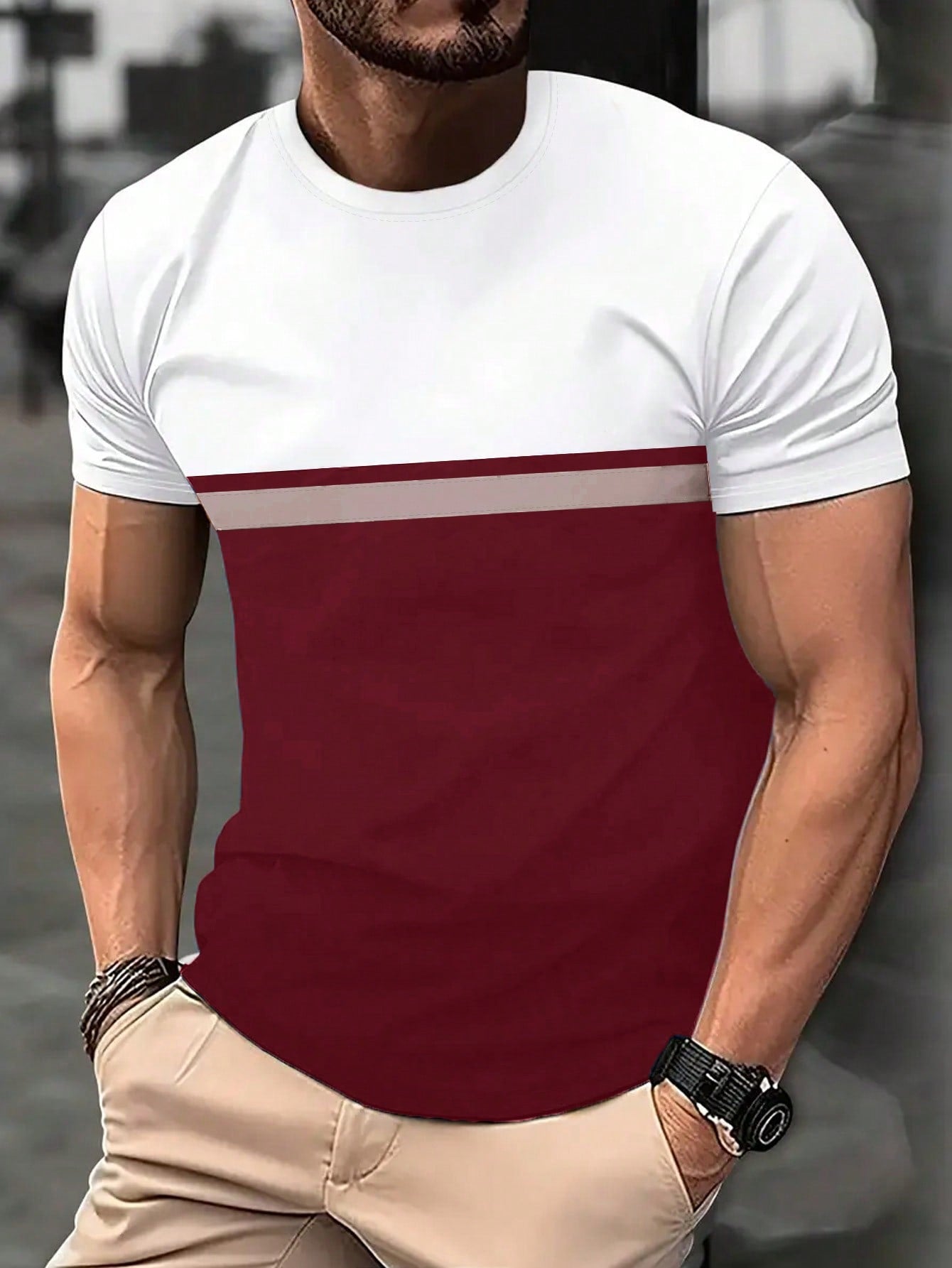 Men's Color Block Round Neck Casual T-Shirt