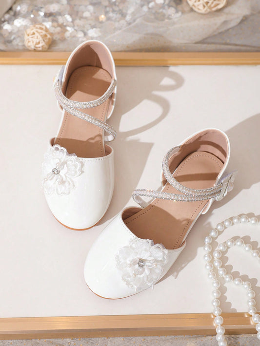 Children's Comfortable Flat Double Strap Rhinestone Decor Princess Shoes In White