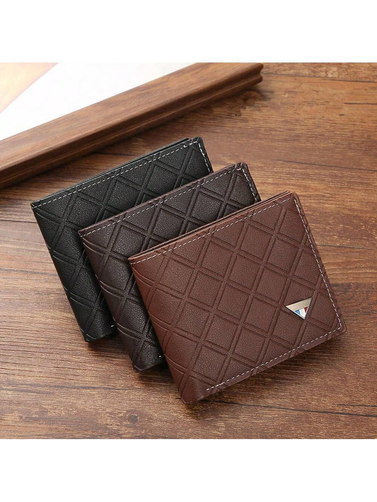 1pc Men's Black, Coffee, Brown Geometric Patterned Short Wallet, Casual Soft Leather Bifold Wallet With Multi Card Slots, Large Capacity Daily Use Wallet