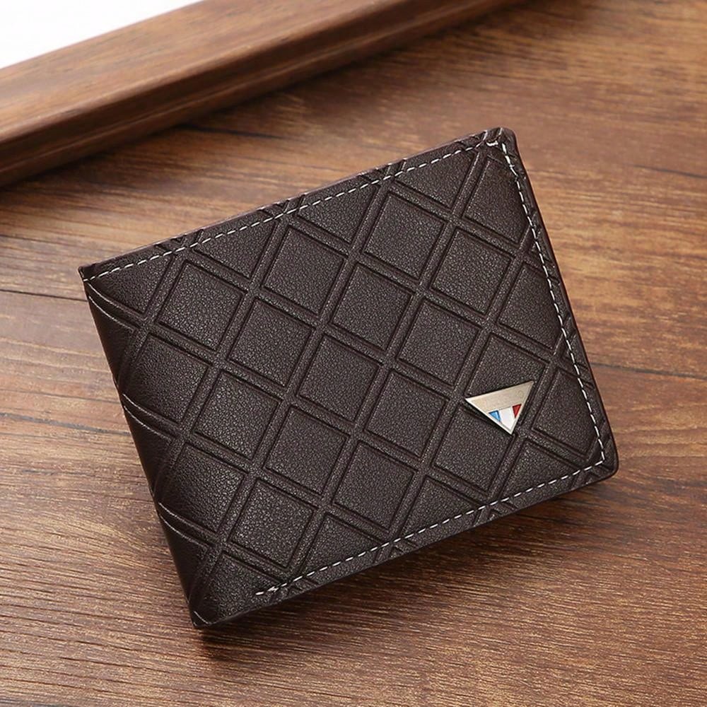 1pc Men's Black, Coffee, Brown Geometric Patterned Short Wallet, Casual Soft Leather Bifold Wallet With Multi Card Slots, Large Capacity Daily Use Wallet