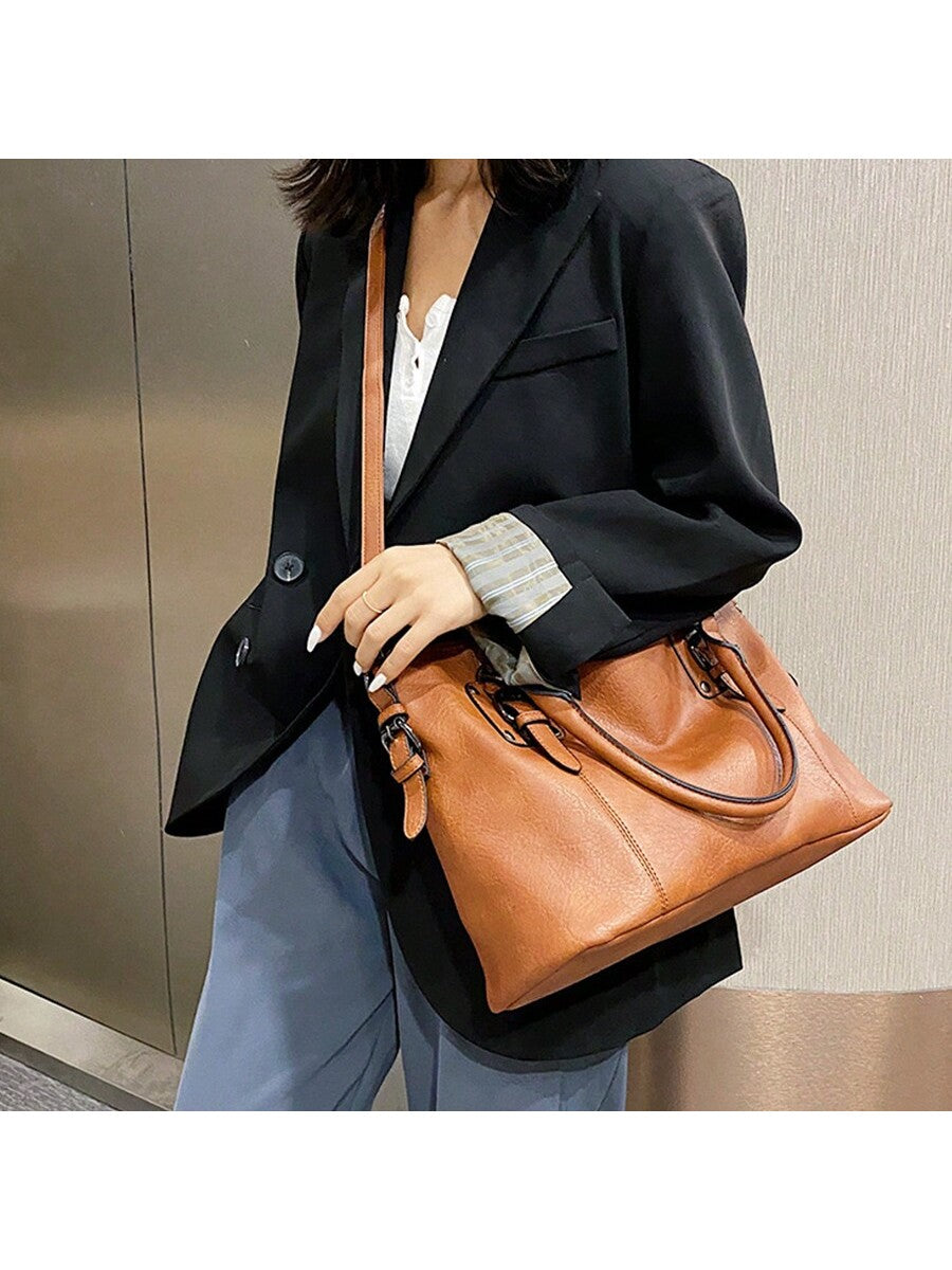 Fashionable Soft Leather Tote Bag For Office Commute,Shoulder Bag,Crossbody Bag,With Adjustable Long Single Strap And Handle, Simple Retro Inspired Bag Trendy Office Bag