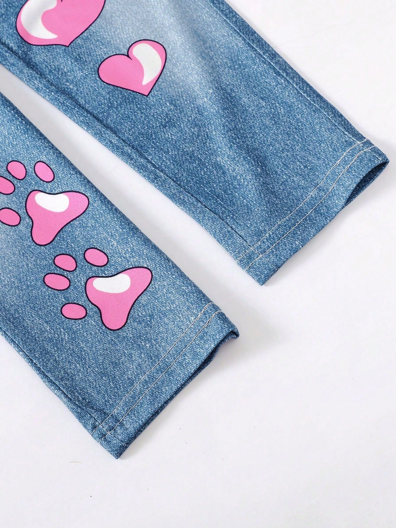 3pcs/Set Young Girls' Casual And Cute Printed Jeans With Denim Effect, Spring/Summer