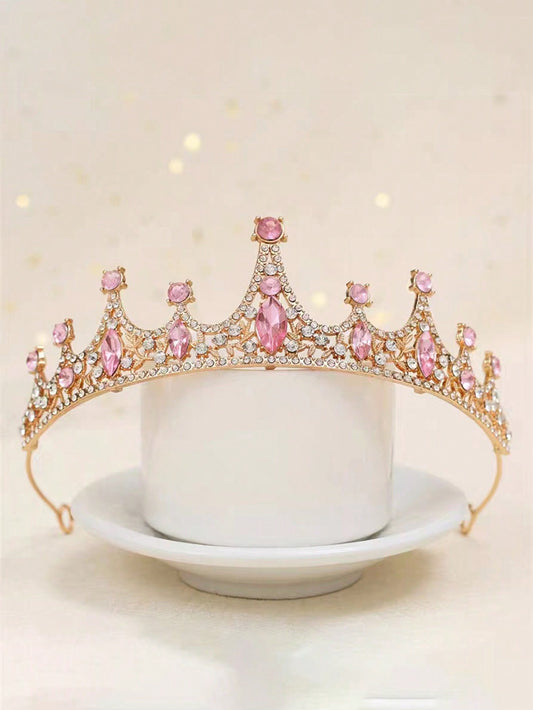 1pc Women's Fashionable Pink Color Princess Crown Hairband With Rhinestone For Birthday Party Royal Tiaras Halloween