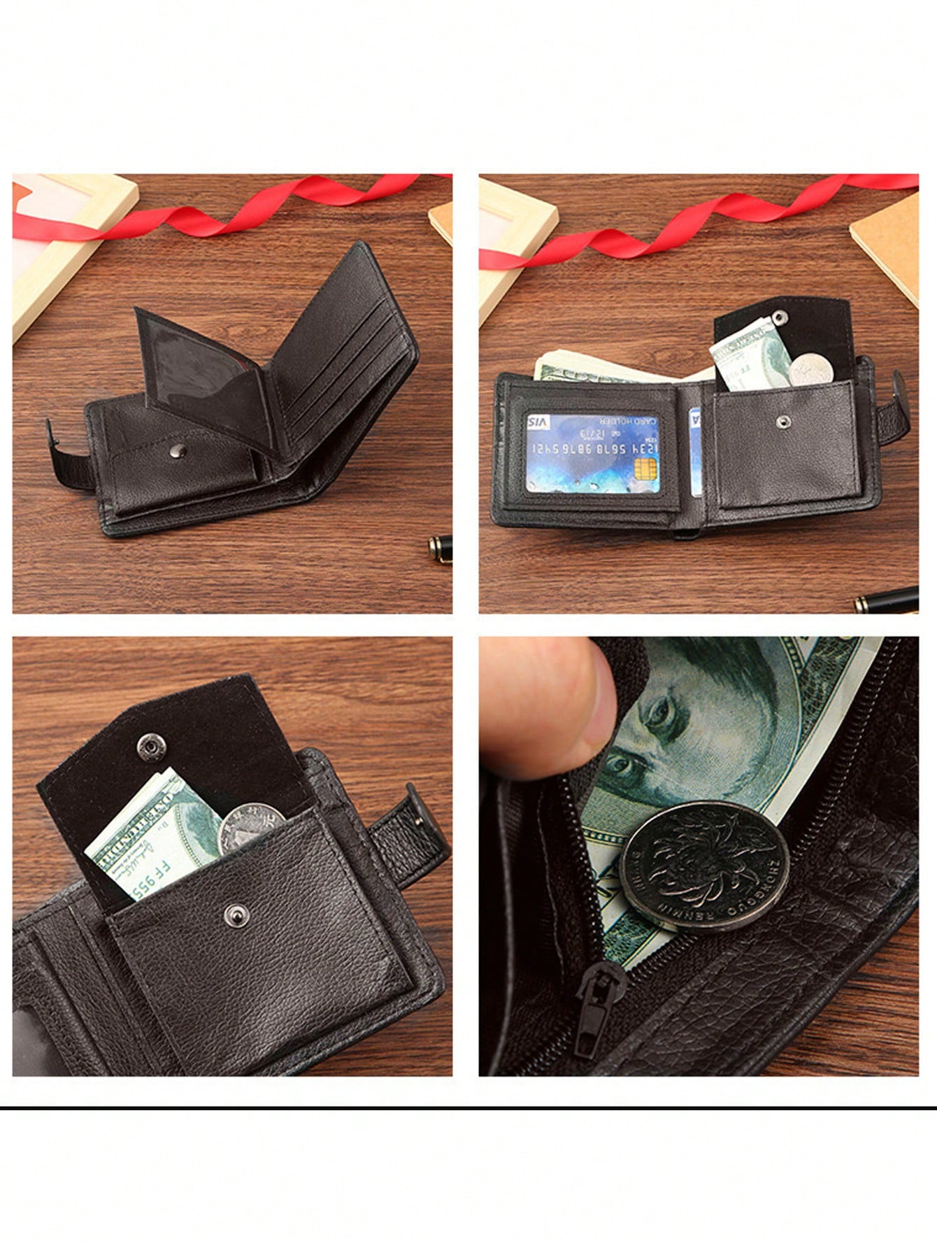 1pc Gift Men'S Business Men'S Retro Short Wallet Solid Loose Leaf Coin Bag Small Wallet Large Capacity File Bag Card Wallet For Men