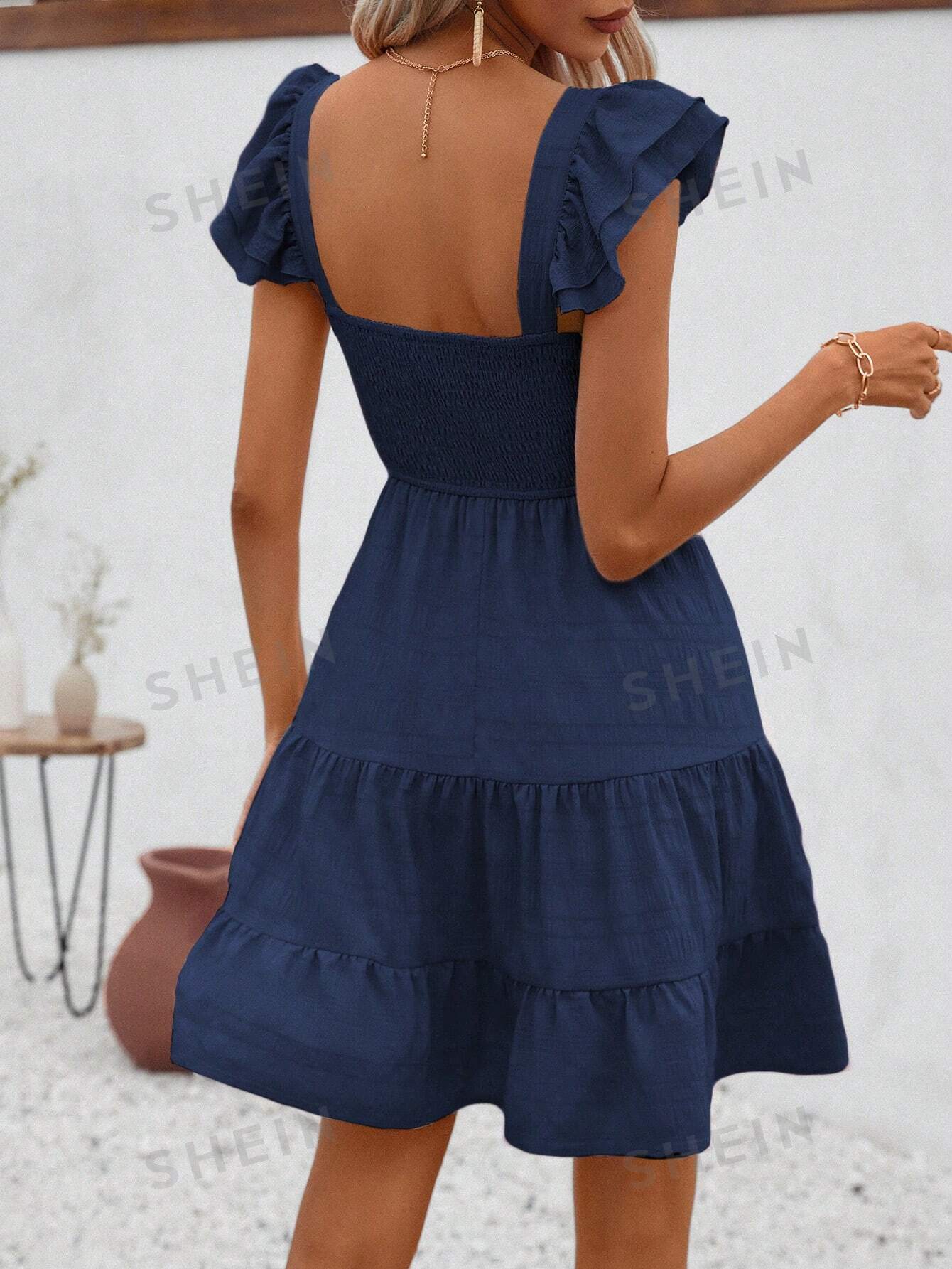 Essnce Solid Color Square Neckline Dress With Ruffle Hem And Sleeveless Design