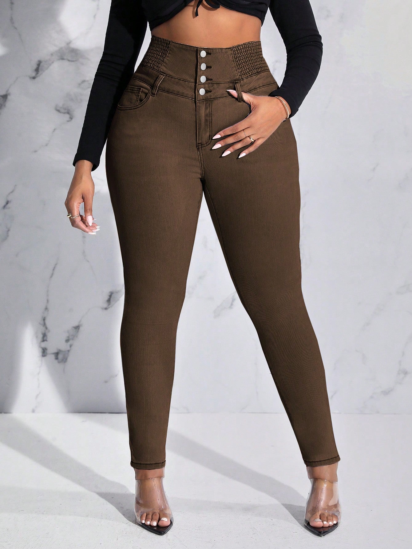 Lady Women's Plus Size Slim Fit Jeans With Button And Whisker Design, For Thanksgiving