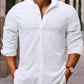 Manfinity Homme Men's Stand Collar Long Sleeve Shirt , Button Up Cotton Plain All White Casual