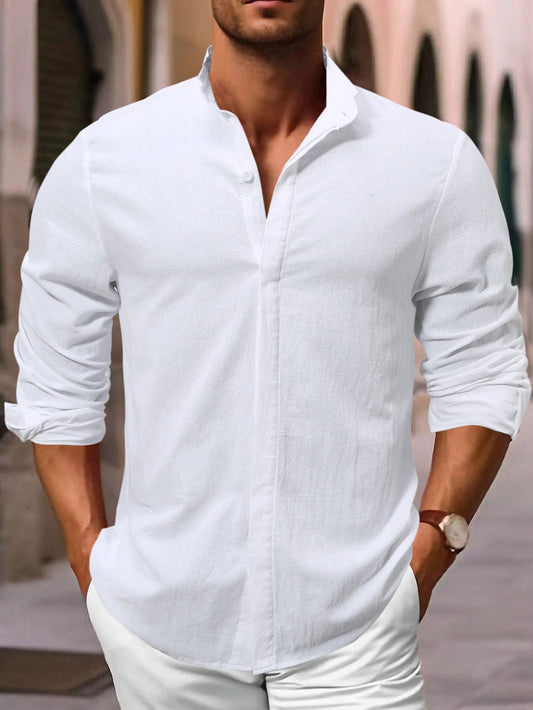 Manfinity Homme Men's Stand Collar Long Sleeve Shirt , Button Up Cotton Plain All White Casual