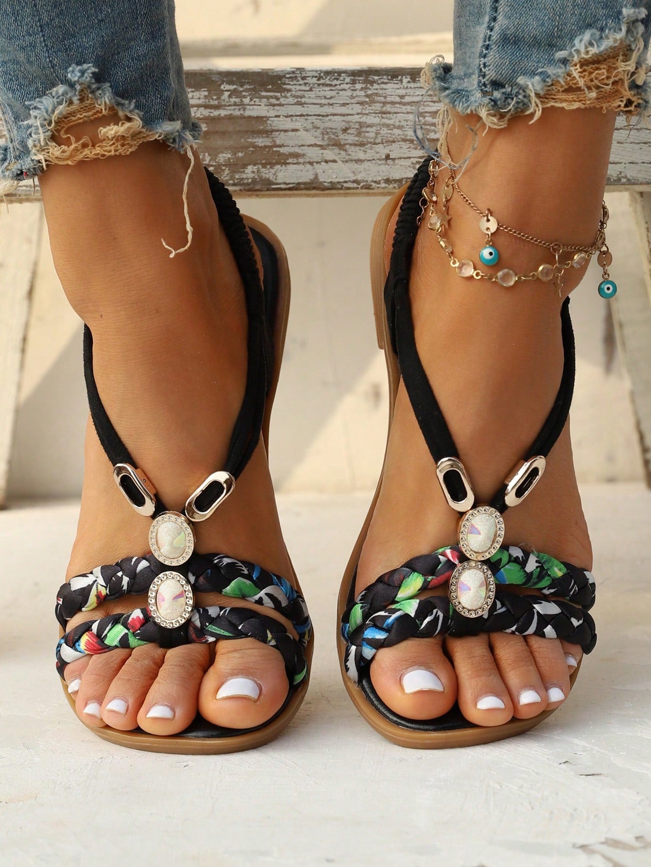 Women's Beaded Roman Bohemian Style Orange Flat Sandals For Beach Holiday