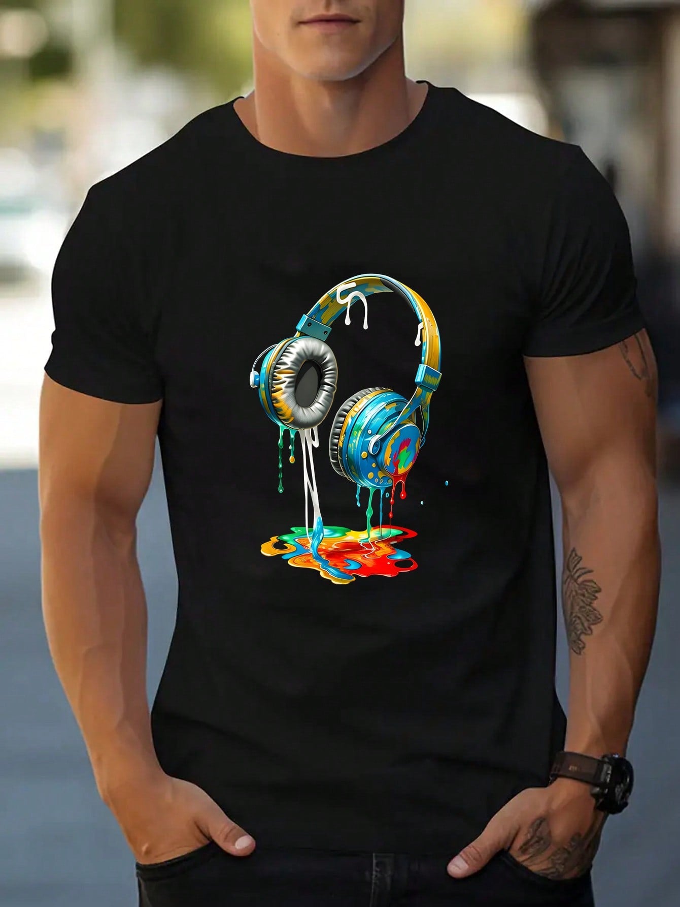 Manfinity Manfinity Dauomo Men's Short Sleeve T-Shirt With Headphone Print