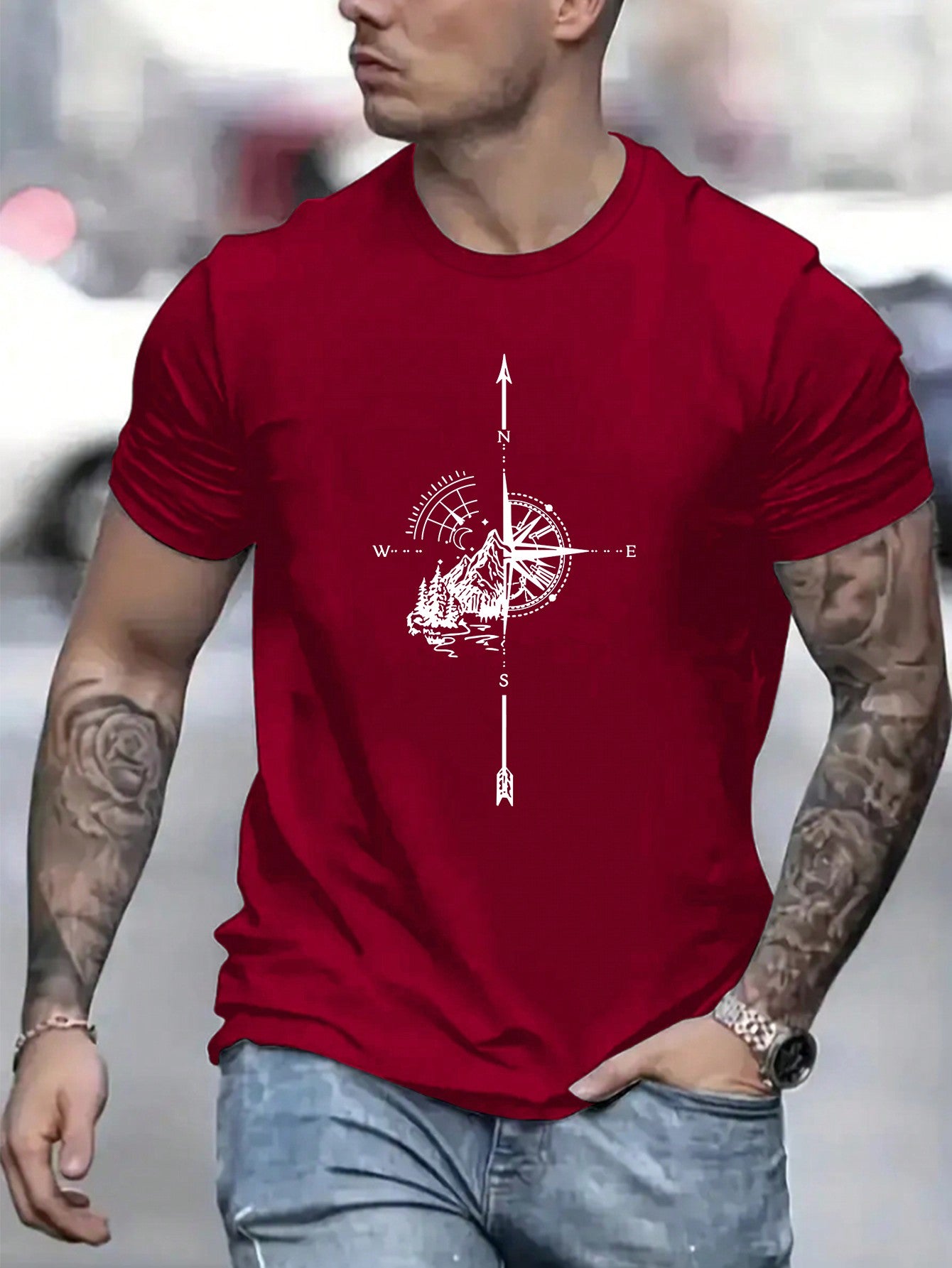 Men's Compass Mountain Printed Round Neck T-Shirt