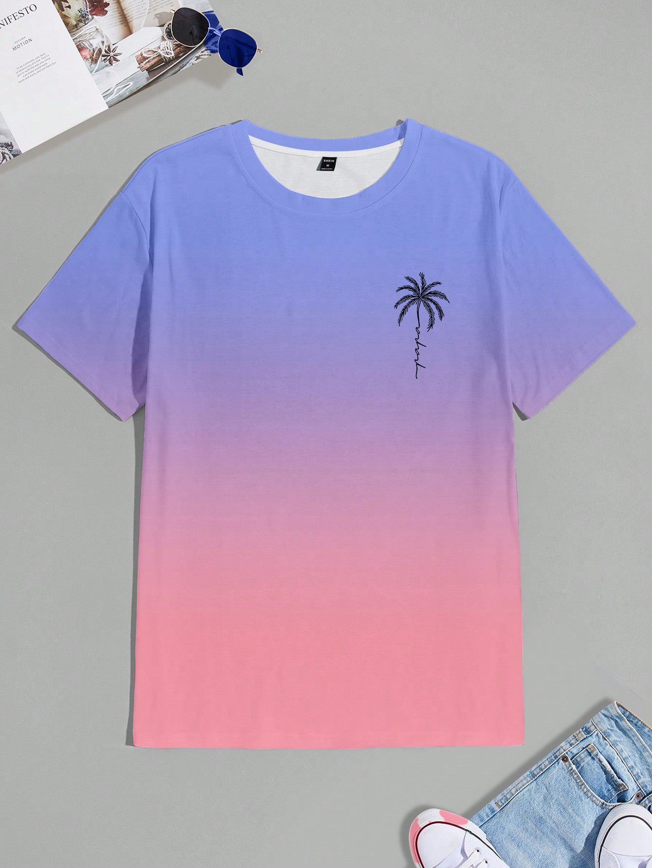 Manfinity RSRT Men's Summer Holiday Palm Tree Printed Round Neck Casual Short Sleeve T-Shirt