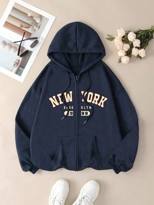 EZwear Loose Fit Letter Printed Hooded Drawstring Sweatshirt With Dropped Shoulder Design