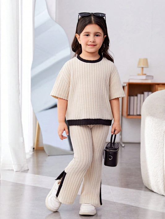 Young Girl Loose Cute Color-Block Round Neck Short Sleeve T-Shirt And Flare Pants Set With Split Hem