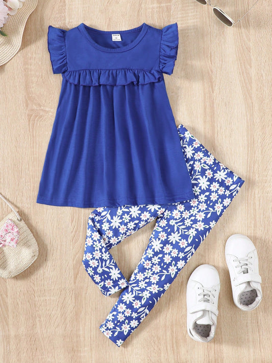 Young Girl Solid Color Ruffle Trim Decorated Round Neck Top And Floral Printed Pants