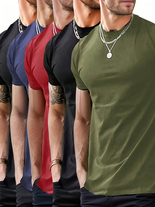 5pcs/Set Men's Summer Regular Fit Solid Color Basic T-Shirt, Casual Going-Out Clothing