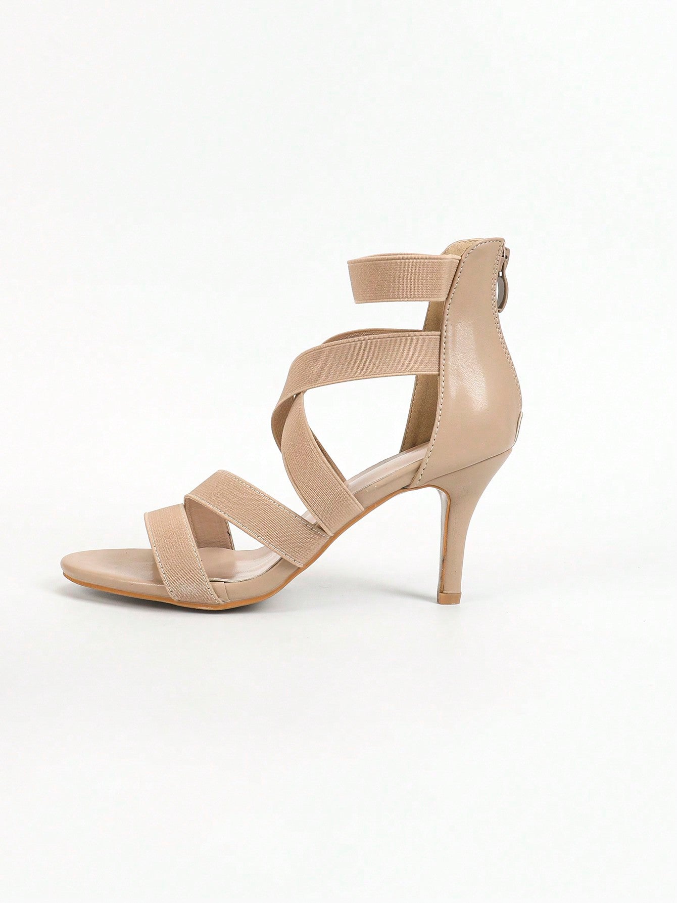 Apricot-Colored Thin High-Heeled Elastic Strap Crossed Strap Back Zipper Roman Sandals