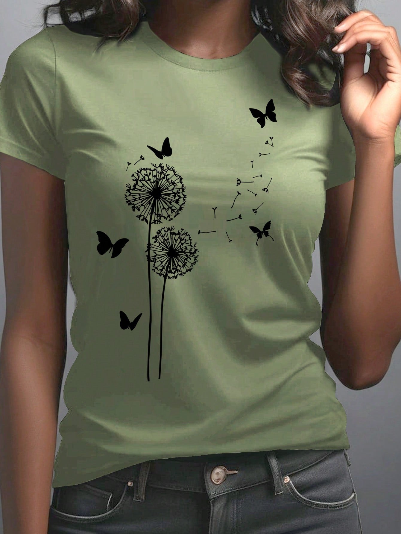 EMERY ROSE Dandelion Butterfly Pattern Short Sleeve Round Neck T-Shirt Casual Graphic Tees Women Tops