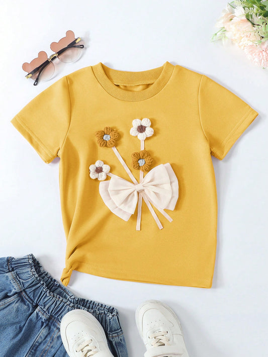 Young Girl Summer Round Neck Short Sleeve T-Shirt With 3d Flower