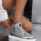 Unisex Metallic Glitter Casual Performance High Top Sneakers, Fashionable Front Strap, Personalized Trendy Shoes, Versatile Dance Shoes, Comfortable Couple Athletic Shoes